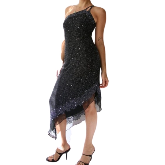 Scala Glass Beaded One Shoulder Evening Dress Size L - Picture 2 of 7